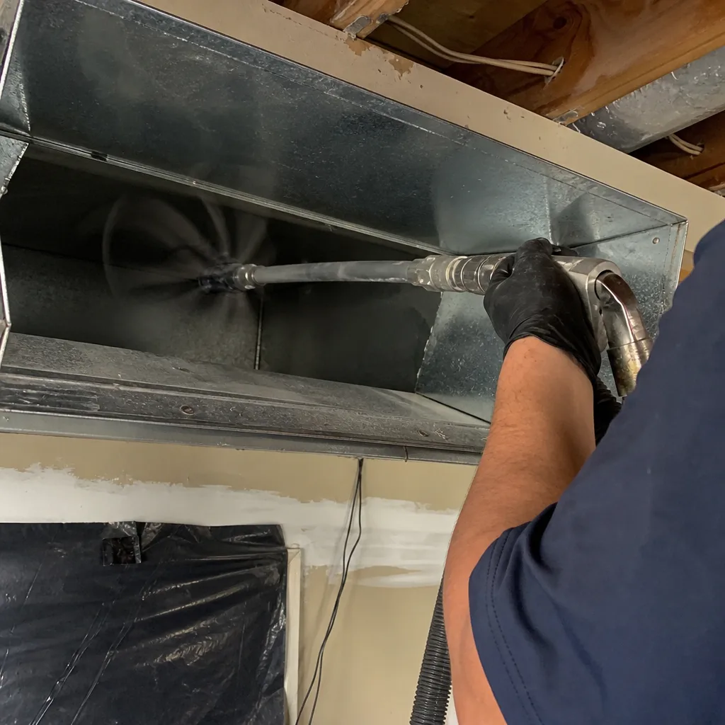 Professional air duct cleaning technician using a rotating vent brush