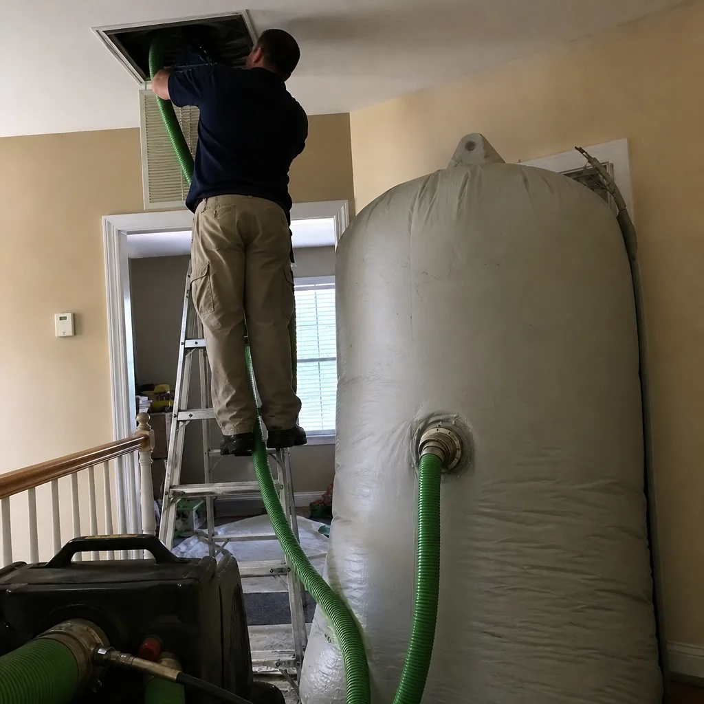 Technician using vacuum system for professional residential air duct cleaning