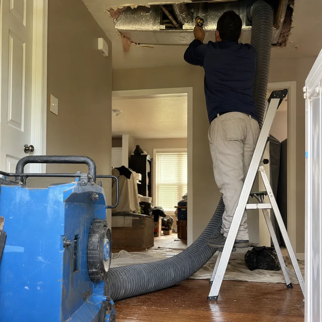 Technician performing professional air duct repair and maintenance in a home.