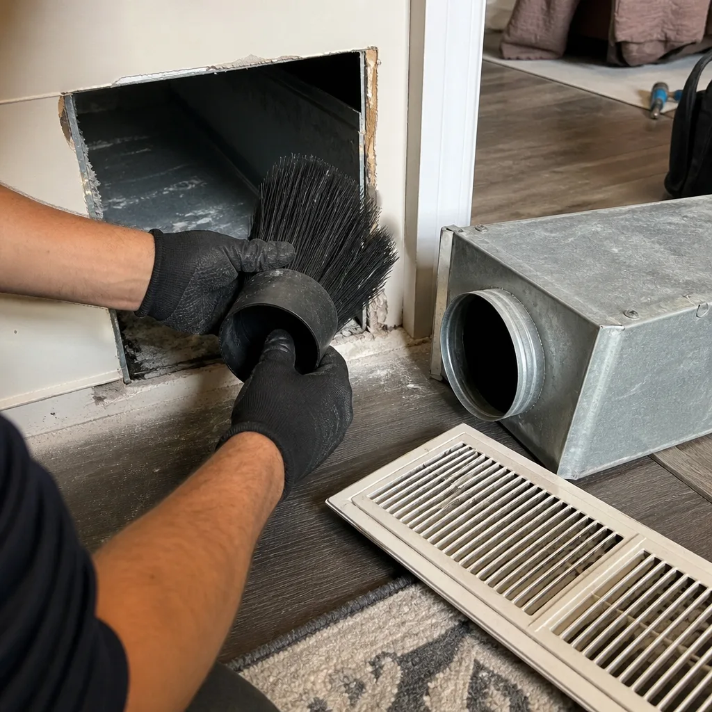 Technician using a rotating brush tool to clean residential air ducts