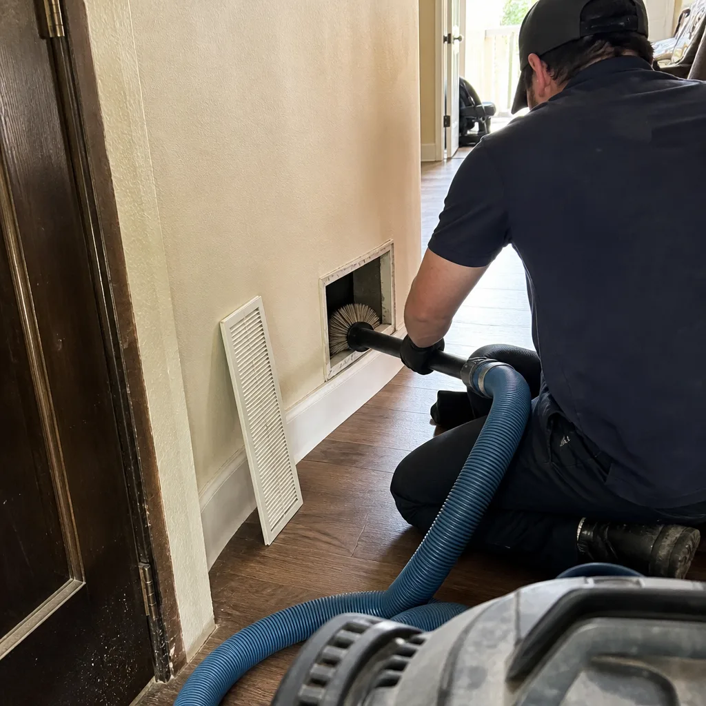 Technician using professional tools to clean residential wall air duct
